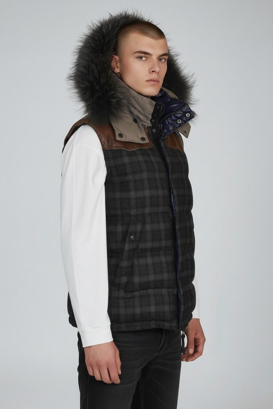 B5 NWT DUVETICA Salmomeo Olive Plaid Wool Leather Yoke Details Down Vest Size 48